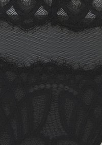 Black lace fabric featuring intricate floral patterns. Textured mesh with scalloped edges and fine detailing throughout.
