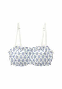 Witte bandeau bikini top met een blauw geometrisch patroon, verstelbare banden, gerafelde randen en een zachte stoftextuur.