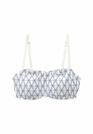 Witte bandeau bikini top met een blauw geometrisch patroon, verstelbare banden, gerafelde randen en een zachte stoftextuur.