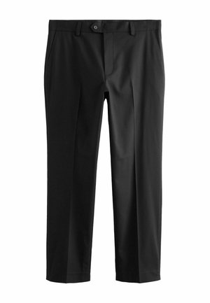 Pantaloni negri cu croi drept, prevăzuți cu un singur nasture, buzunare laterale și o textură de captivă netedă. Fără modele vizibile.
