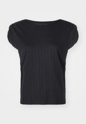 Black short-sleeve top in a lightweight fabric with a textured pattern and a round neckline, featuring loose-fitting shoulders.