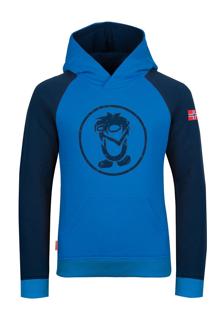 Blauer Pullover-Hoodie mit marineblauen Raglanärmeln, Fronttasche und einem runden Grafikdesign. Beinhaltet einen norwegischen Flaggenakzent am Ärmel.