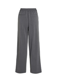 Pantalon gris foncé à jambes larges avec taille élastique et deux poches passepoilées à l'arrière, vu de dos.