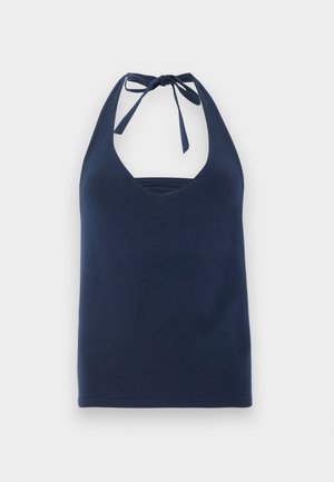 Top halter de culoare bleumarin, confecționat dintr-un bumbac fin, având un decolteu adânc în V, bretele ajustabile și o siluetă ajustată.