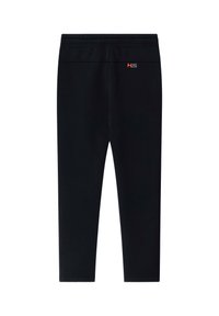 Zwarte sportleggingen van rekbaar materiaal, met een gladde textuur en een elastische tailleband, voorzien van een klein oranje logo aan de zijkant.