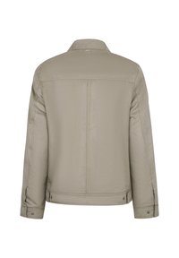 Beige jacket with a classic collar, long sleeves, and button cuffs. Smooth texture with shoulder seams and a straight cut at the back.