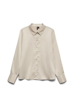 Lys beige langermet bluse laget av glatt stoff, med spiss krage, hel knappestolpe, og ensprettermanchetter.