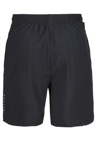 Zwarte sportshorts van lichtgewicht stof. Voorzien van een elastische tailleband en decoratieve stiksels, met kleine zijaccenten.