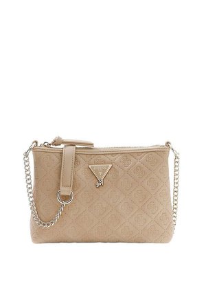 Porta polso Guess da ragazza beige con motivo trapuntato, piastra con logo in metallo, chiusura con cerniera e tracolla a catena argentata.