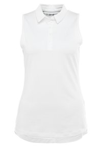 Bílá tílková polokošile z hladké látky s límečkem, čtyřmi knoflíky a jemným logem na hrudi.