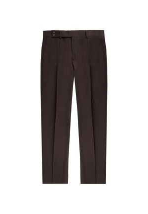 Pantaloni marroni su misura con frontale piatto, due tasche laterali e due tasche posteriori. Realizzati in tessuto liscio con un design a gamba dritta.