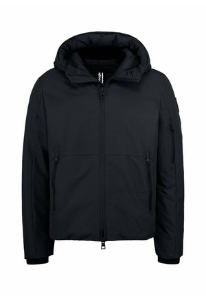 Veste d'hiver noire à capuche avec fermeture éclair frontale et deux poches latérales zippées, conçue pour temps froid.