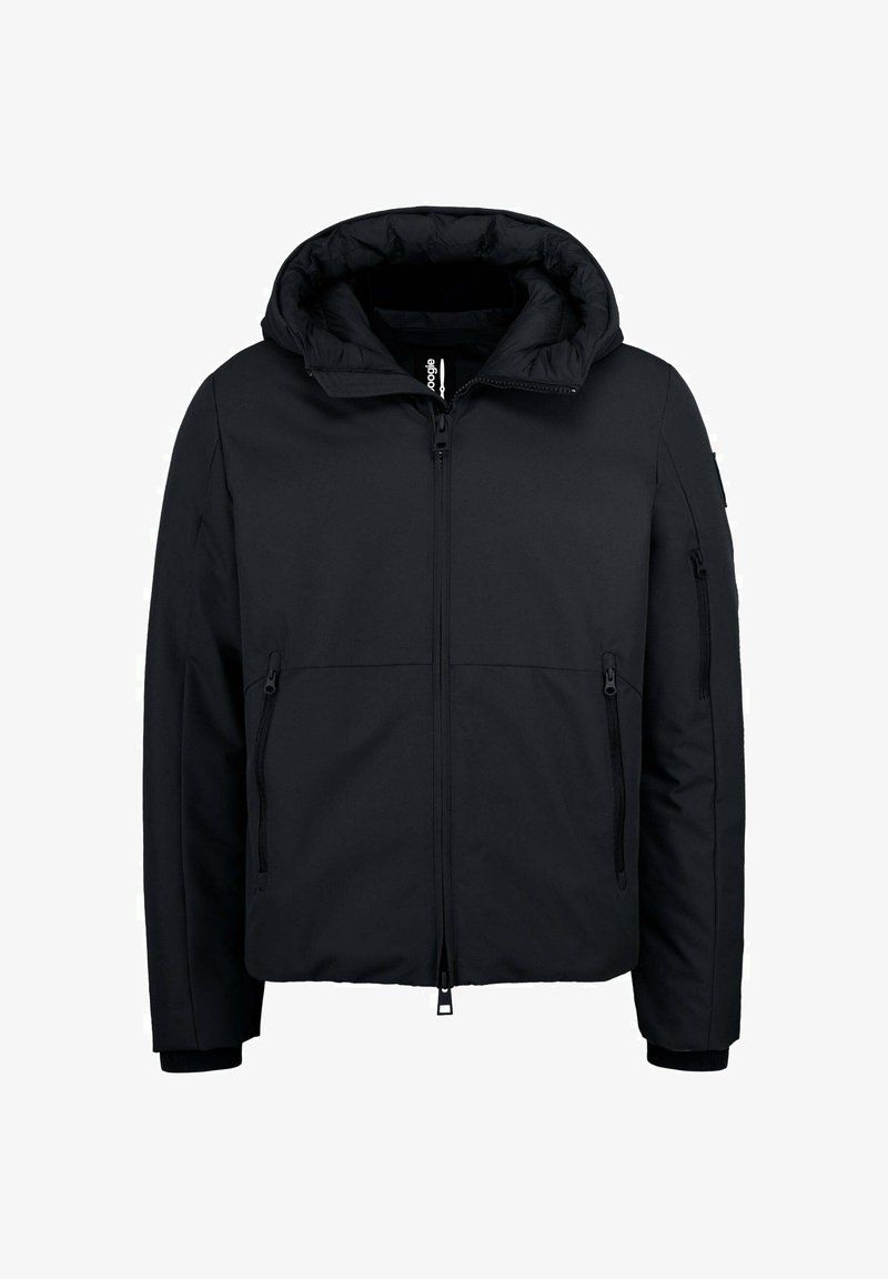 Veste d'hiver noire à capuche avec fermeture éclair frontale et deux poches latérales zippées, conçue pour temps froid.