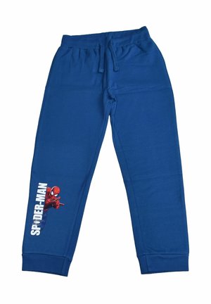Blaue Kinder-Sweathosen mit elastischem Bund und Kordelzug, mit Spiderman-Grafik und Schriftzug am linken Hosenbein.