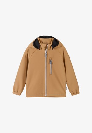 Jachetă softshell de culoare muștar, cu fermoar în față, glugă căptușită cu negru, manșete elastice și un buzunar pe piept cu fermoar.