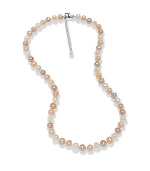 Pearl necklace with alternating shades of peach, cream, and soft pink pearls. Features a silver clasp and extension chain for adjustability.
