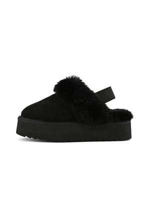 Black suede platform slipper with a plush black faux fur band, open back design, and textured rubber sole for grip.