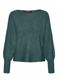 Pull oversize bleu sarcelle en tissu tricoté texturé, avec épaules tombantes et manches longues à poignets côtelés.