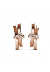 Ohrringe aus Roségold mit verflochtenen Formen, verziert mit einer Reihe klarer Kristalle, die ein elegantes, poliertes Finish zeigen.