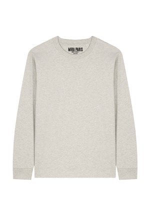 T-shirt gris clair à manches longues avec col rond et poignets côtelés, étiquette "MIRA PARIS" à l'intérieur du col.