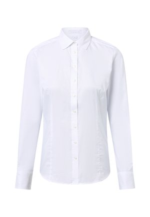 Weißes, langärmeliges Hemd mit Knopfleiste, spitzem Kragen und tailliertem Schnitt, dargestellt auf weißem Hintergrund.