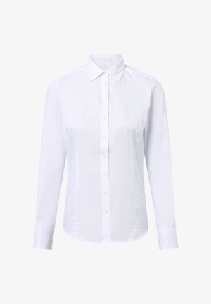 Witte, lange mouwen, overhemd met knopen, met puntige kraag en getailleerde taille, weergegeven op een effen witte achtergrond.