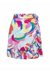 Jupe portefeuille aux motifs floraux abstraits colorés en rose, jaune, bleu, vert et orange, avec ourlet froufrou et détail de lien sur le côté.