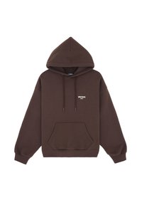 Brown hooded sweatshirt with a kangaroo pocket, drawstrings, and a small white logo. Made of soft, textured fabric with a relaxed fit.