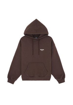 Brown hooded sweatshirt with a kangaroo pocket, drawstrings, and a small white logo. Made of soft, textured fabric with a relaxed fit.