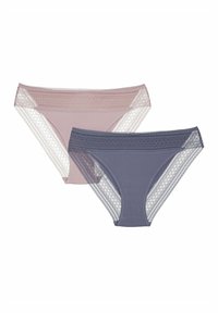 Two pairs of underwear: one in soft pink with lace trim, the other in dark blue with a ribbed texture and lace accents along the edges.