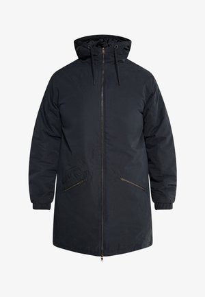 Gepolsterte schwarze Parka-Jacke mit Kapuze, Frontreißverschluss und zwei Reißverschlusstaschen. Verfügt über elastische Bündchen und einen längeren Saum.