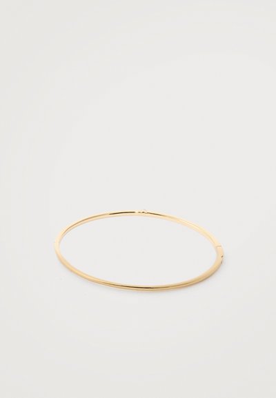 Choker in metallo color oro con un design circolare sottile. Texture liscia con una leggera lucentezza e una chiusura aperta semplice per la fissazione.