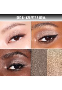 Duo 6 - Celeste & Nova bevat twee ogen met glinsterende oogschaduw, een metallic taupe en een zachte beige, samen met gestructureerde kleurenstalen.
