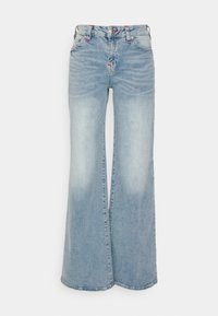 Light blue denim wide-leg jeans with a high waist, featuring subtle fading, five pockets, and contrasting red stitching accents.