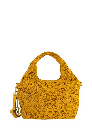 Gelbe perforierte Lederhandtasche mit rundem Griff und verstellbarem Schultergurt; aufwendiges durchgehendes Ausstanzmuster.