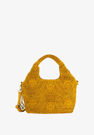 Gelbe perforierte Lederhandtasche mit rundem Griff und verstellbarem Schultergurt; aufwendiges durchgehendes Ausstanzmuster.