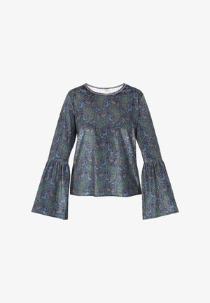 Ilgų rankovių tamsiai mėlynas marškinis su žaliu, raudonu ir mėlynu paisley raštu. Platesni, plačiai atsivėrę užkulniai, apvalus kaklo iškarpymas ir lygus audinio paviršius.