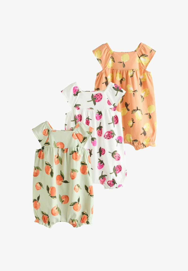 Drei Kinder-Schnäppchen: blassgrün mit orangenen Obstmotiven, weiß mit rosa Erdbeeren und orange mit gelben Zitronen. Alle haben kurze Ärmel.