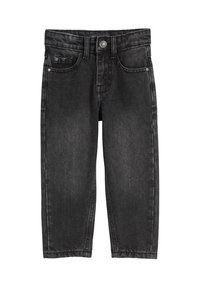 Jean en denim noir délavé avec cinq poches et fermeture à bouton, coupe droite, présenté à plat sur un fond blanc.