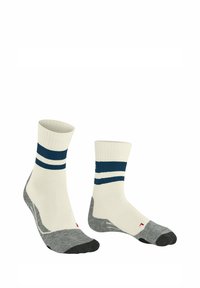 Skarpety sportowe z mieszanki bawełny z ribbowanym kremowym wierzchem, niebiesko-białymi paskami oraz szarymi wyściełanymi podeszwami i palcami.