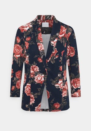 Navy blazer with all-over pink and red rose floral pattern, single black button closure, and notched lapel collar.