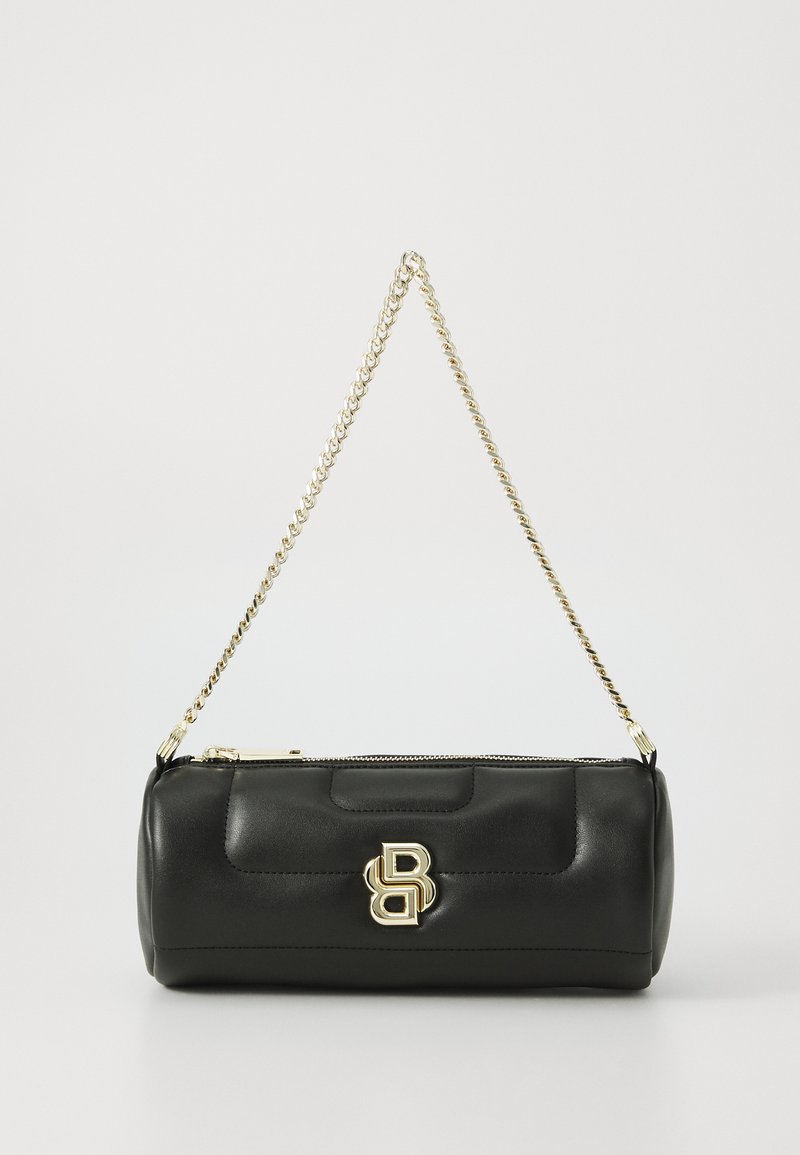 Black leather handbag with a cylindrical shape, featuring a gold chain strap and a prominent gold logo accent on the front.