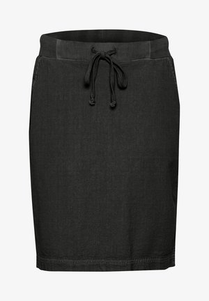 Black skirt made of lightweight fabric, featuring an elastic waistband with a drawstring, and finished with a plain texture.