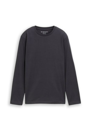 Einfaches schwarzes Langarmshirt mit Rundhalsausschnitt und normaler Passform, flach auf weißem Hintergrund präsentiert.