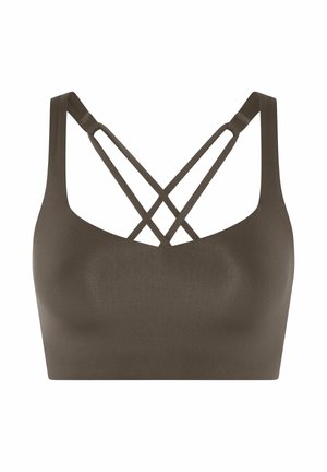 Sømløs mørkebrun sports-BH med brede skulderstropper og doble kryssede stropper bak for ekstra støtte.