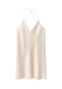 Abito sottoveste in satin di un morbido beige con scollatura a V, spalline sottili regolabili e una vestibilità rilassata, caratterizzato da una silhouette semplice e fluida.