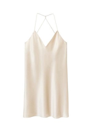 Satiini liukas mekko pehmeässä beigevärissä, V-pääntiellä, säädettävillä ohuilla olkaimilla ja rento istuvuus, joka esittelee yksinkertaista, virtaavaa siluettia.