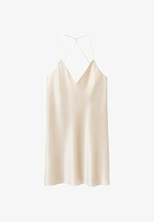 Sukienka z satyny w miękkim beżu z dekoltem w kształcie V, regulowanymi cienkimi ramiączkami i luźnym fasonem, charakteryzująca się prostą, płynącą sylwetką.