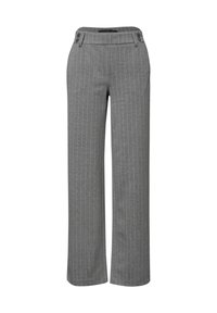 Grau gestreifte Hose mit weitem Bein, die eine glatte Textur, zwei Knöpfe am Bund und eine taillierte Form aufweist.