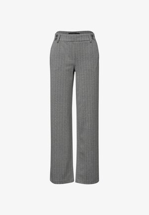 Pantalones de rayas grises con un diseño de pierna ancha, con una textura suave, dos botones en la cinturilla y una forma entallada.